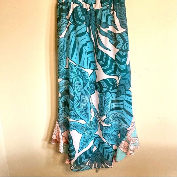 FARM Rio Ruffled Botanical Maxi Dress Contrasting Leaf Print Teal Pink Size LP - Picture 6 of 13